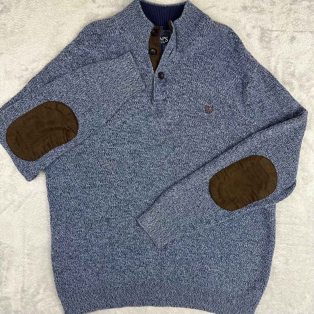 Chaps Men XXL Blue Cotton Knit Sweater Cotton Mock Neck Henley Pullover Preppy